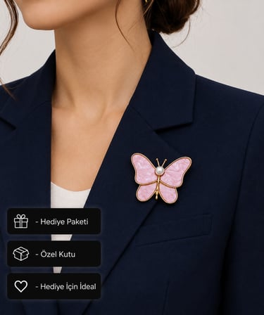 Pembe Butterfly Kadın Broşu | İnci Detaylı Zarif Altın Renk Hediye Aksesuar