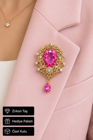 Pembe Damla Taşlı Zirkon Kadın Broşu Gold Renk Şık Tasarım Hediye Yaka Aksesuarı
