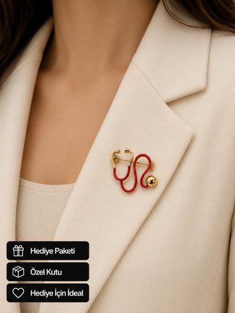 Kırmızı Stetoskop Tasarımlı Kadın Broşu – Doktor, Hemşire ve Sağlık Çalışanlarına Özel