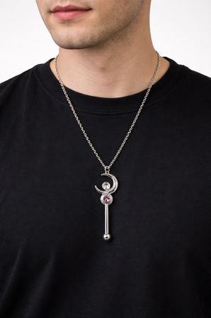 Anime Sailor Diamond Anahtar Pembe Taşlı Gümüş Renk 60 cm Unisex Kolye