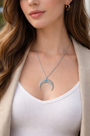Nazar Boncuklu Hilal Figürlü Çelik Kolye Gümüş Renk 60 cm Unisex