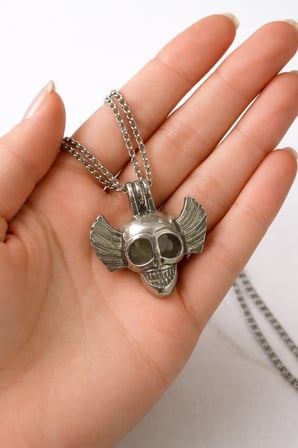 Karanlıkta Parlayan Kanatlı Kuru Kafa Gümüş Renk Kolye I Unisex Metal