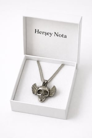 Karanlıkta Parlayan Kanatlı Kuru Kafa Gümüş Renk Kolye I Unisex Metal
