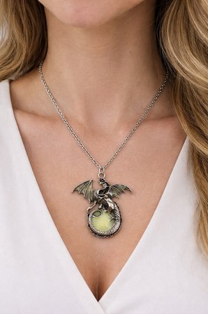 Game of Thrones Ejderha Kolye I Fosforlu Gümüş Renk Zincir Unisex 60 cm