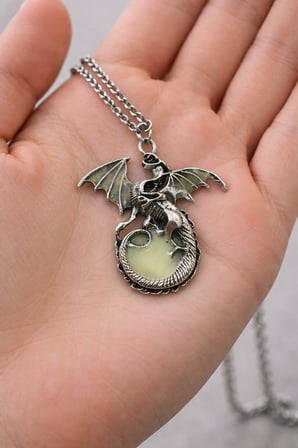 Game of Thrones Ejderha Kolye I Fosforlu Gümüş Renk Zincir Unisex 60 cm
