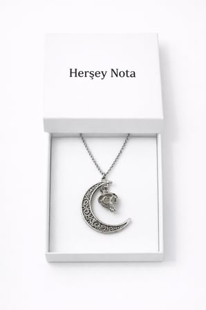 Karanlıkta Parlayan Hilal Kafatası Vintage Gümüş Renk Unisex Kolye