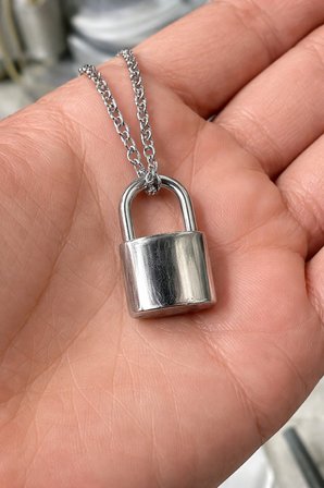 Gümüş Renk Asma Kilit Tasarım Kolye I 60 cm Unisex Metal Zincir
