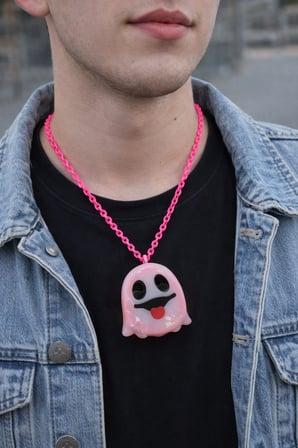 Cadılar Bayramı Hayalet Kolye Pembe Zincir 60 cm Unisex Özel Tasarım