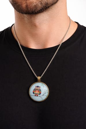 Renkli Baykuş Figürlü Gümüş Renk Zincir Kolye Unisex 60 cm Metal Tasarım