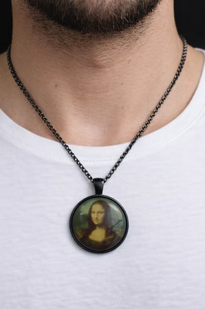 Mona Lisa Baskılı Siyah Metal Zincir Kolye Unisex 60 cm Sanat Temalı