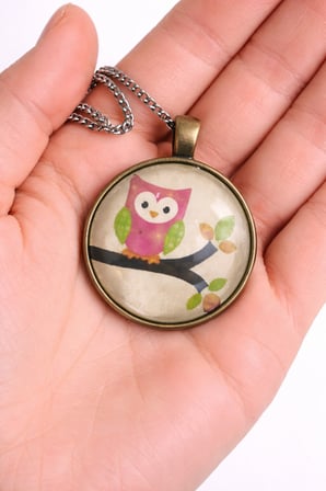Baykuş Figürlü Cam Kaplama Kolye Gümüş Zincir 60 cm Unisex