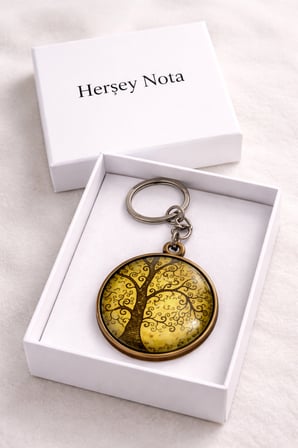 Hayat Ağacı Desenli Metal Anahtarlık Sarı Vintage Tasarım Unisex