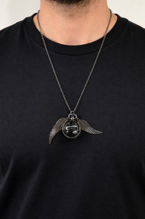 Unisex Kanatlı Cep Saati Kolye Gümüş Renk 60 cm Zincir Vintage Tasarım