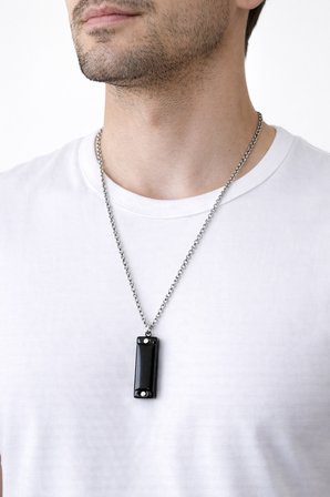 Siyah Mızıka Kolye Gümüş Zincir 60 cm Unisex Metal Tasarım
