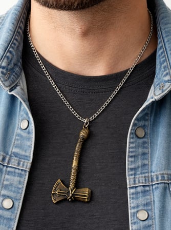Antik Görünümlü Thor Çekici Kolye Metal Bronz Erkek Kadın 60 cm