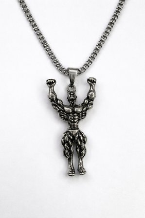 Erkek Vücut Geliştirme Figürlü Metal Kolye Gümüş Renk Zincir 60 cm