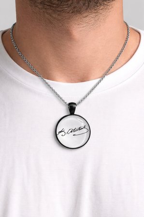 Atatürk İmza Baskılı Cam Kapsül Kolye Siyah Zincir Unisex