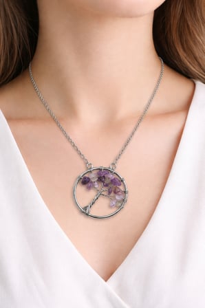 Mor Doğal Taşlı Hayat Ağacı Kolye Gümüş Renk Zincir Unisex