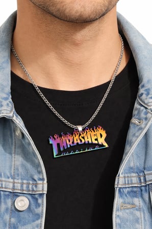 Unisex Paslanmaz Çelik Thrasher Yazılı Renkli Alev Desenli Kolye