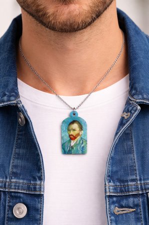 Van Gogh Portre Baskılı Metal Kolye Mavi Zemin Unisex Sanatsal Tasarım
