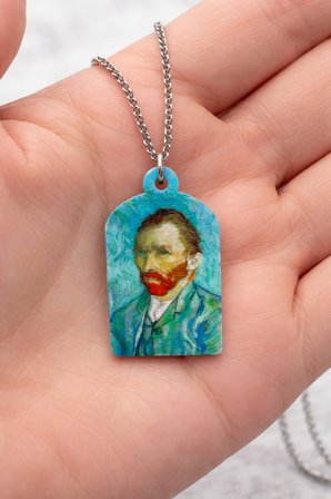 Van Gogh Portre Baskılı Metal Kolye Mavi Zemin Unisex Sanatsal Tasarım