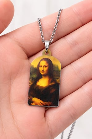 Mona Lisa Baskılı Metal Kolye Gümüş Renk Zincir Unisex Sanat Tasarım