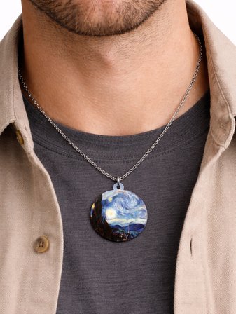 Van Gogh Yıldızlı Gece Desenli Yuvarlak Kolye Gümüş Renk Zincir Unisex