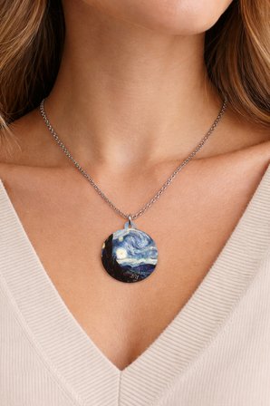 Van Gogh Yıldızlı Gece Desenli Yuvarlak Kolye Gümüş Renk Zincir Unisex