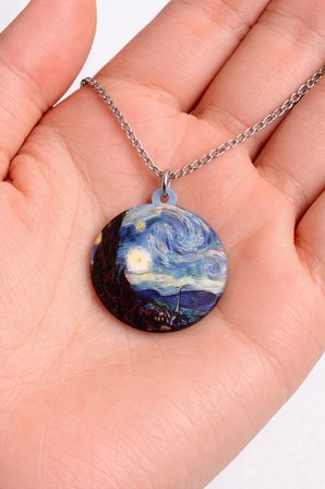 Van Gogh Yıldızlı Gece Desenli Yuvarlak Kolye Gümüş Renk Zincir Unisex