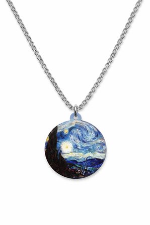 Van Gogh Yıldızlı Gece Desenli Yuvarlak Kolye Gümüş Renk Zincir Unisex