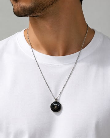 Kozmik Karahindiba Cam Kolye Siyah Yuvarlak Tasarım 60 cm Zincir Unisex