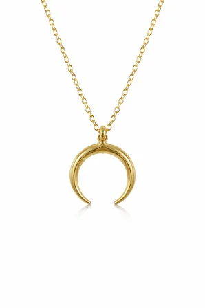 Altın Renk Çift Boynuz Hilal Kolye Unisex Metal 60 cm Zincir