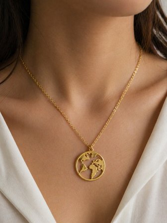 Dünya Haritası Gold Renk Kolye Unisex Hediye 60 cm Zincir