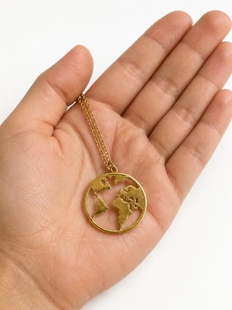 Dünya Haritası Gold Renk Kolye Unisex Hediye 60 cm Zincir