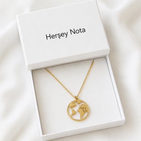 Dünya Haritası Gold Renk Kolye Unisex Hediye 60 cm Zincir