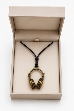 Kulaklık Figürlü Eskitme Gold Müzik Temalı Siyah İpli Hediye Kadın Kolye