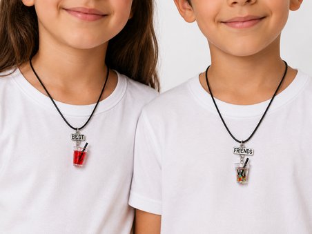 Best Friends İçecek Figürlü Siyah İpli İkili Arkadaşlık Kolyesi Hediye Seti