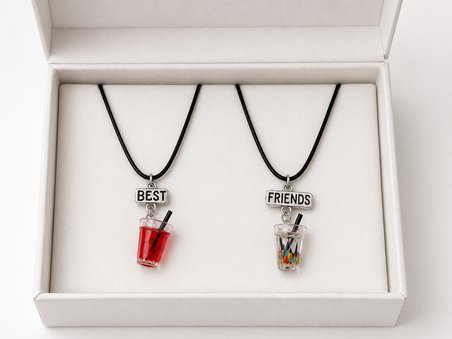 Best Friends İçecek Figürlü Siyah İpli İkili Arkadaşlık Kolyesi Hediye Seti