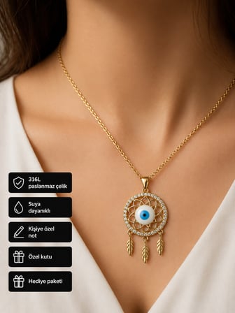 Nazar Boncuklu Rüya Kapanı Kolye Altın Renk 316L Çelik Hediye