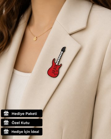 Kırmızı Elektro Gitar Tasarımlı Müzisyen Rozeti – Metal Yaka Rozeti Hediyelik