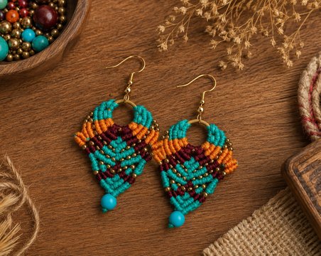 El Yapımı Bohem Turkuaz Makrome Küpe – Etnik Desenli Boncuk Detaylı Kadın Küpe