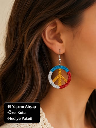 El Yapımı Ahşap Barış Sembolü Renkli Tasarım Küpe – Bohem ve Retro Kadın Küpesi
