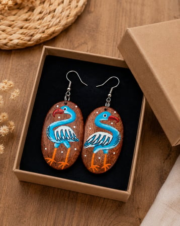 El Yapımı Ahşap Flamingo Figürlü Kadın Küpe – Doğa Temalı Hafif Tasarım Küpe