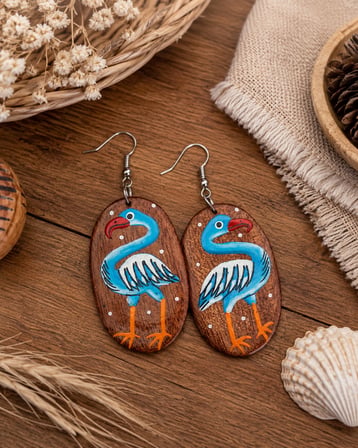 El Yapımı Ahşap Flamingo Figürlü Kadın Küpe – Doğa Temalı Hafif Tasarım Küpe