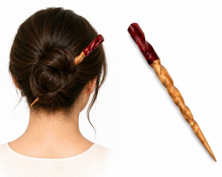 18 cm El Yapımı Ahşap Kadın Saç Çubuğu – Kırmızı Detaylı Japon Tarzı Topuz Tokası
