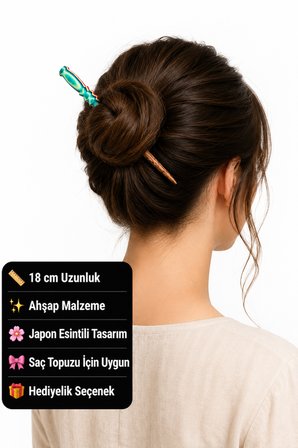 El Yapımı Ahşap Kadın Saç Çubuğu – Turkuaz Detaylı Japon Esintili Topuz Toka