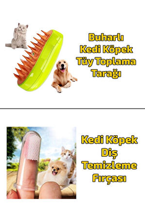 Buharlı Yumuşak Kedi Köpek Yıkama Tüy Toplama Tarağı Kedi Köpek Diş Temizleme Fırçası 2'li Set