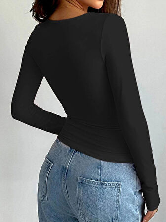 Siyah Bisiklet Yaka Bluz Darkalıp Ribana Kumaş Günlük Basic Body