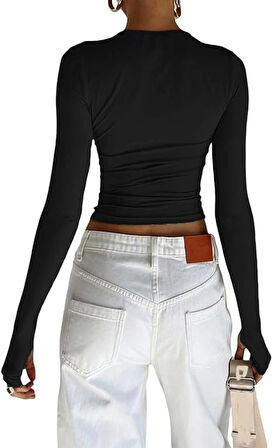 Siyah Bisiklet Yaka Bluz Darkalıp Ribana Kumaş Parmak Detaylı Basic Body