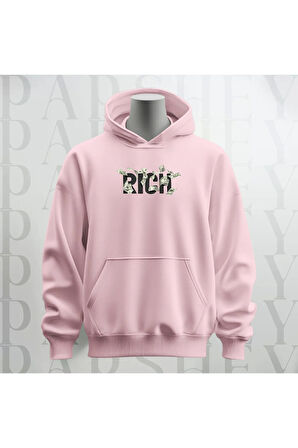 Rich Baskılı Kapüşonlu Sweatshirt Hoodie Kalın Kumaş 3 İplik Şardonlu